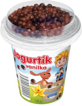 Jogurt vanilkový s cereálními kuličkami v  čokoládě