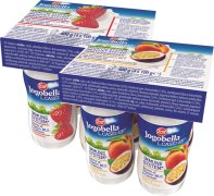 Fotografie produktu Jogobella L casei classic 1% jogurt.nápoj MIX jahoda, broskev-maracuja 4x100g