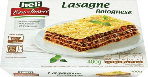 Bezvaječné těstoviny prokládané omáčkou na boloňský způsob a bešamelem. Pasterované hotové jídlo.