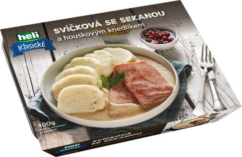 Sekaná v zeleninové omáčce (56%) s houskovým knedlíkem. Pasterované hotové jídlo.