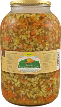 Sterilovaná zeleninová směs k přípravě bramborového salátu ve sladkokyselém nálevu s cukrem a sladid